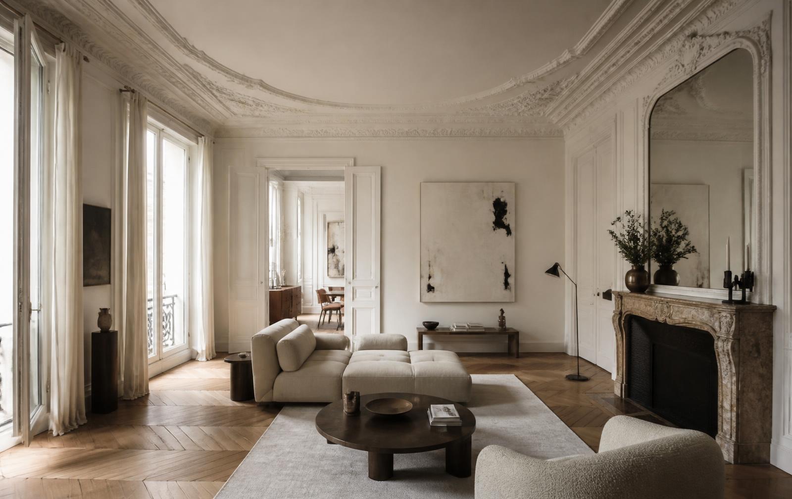 Salon d'un appartement haussmannien parisien avec parquet en point de Hongrie et cheminée en marbre