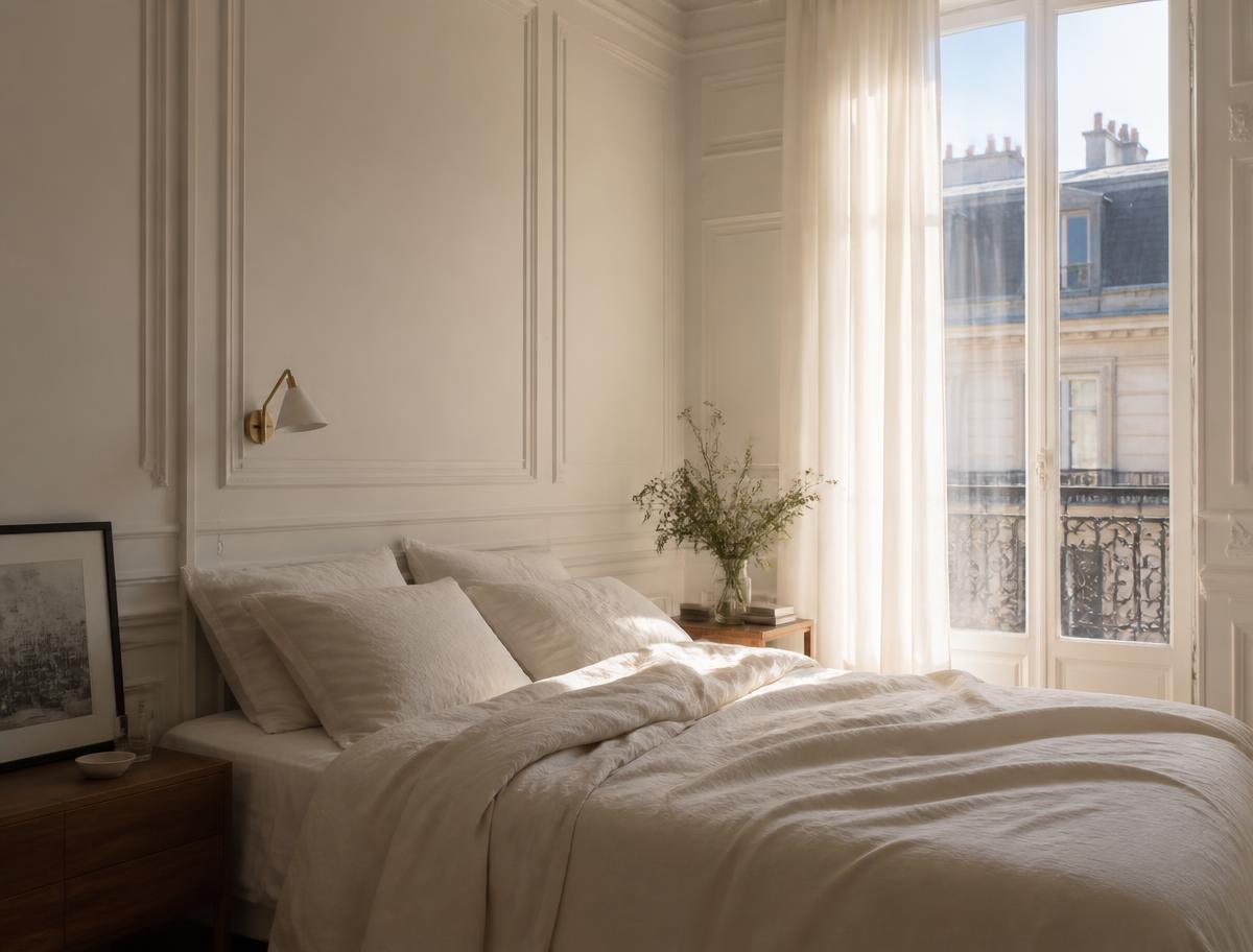 Chambre parisienne en lin ivoire, moulures et rideau voile devant une fenêtre