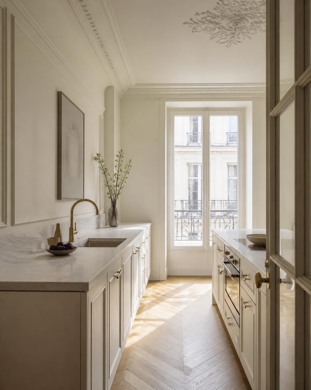 Cuisine parisienne en couloir avec plan de travail en marbre et robinetterie en laiton